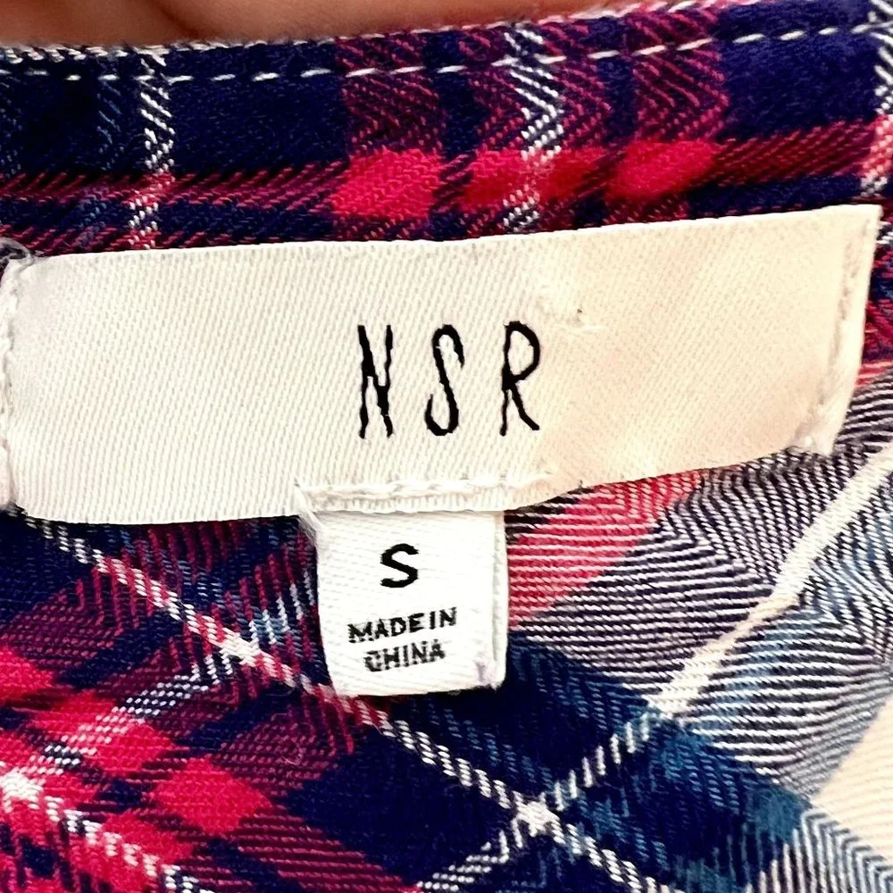 NSR Blue Pink Plaid 3/4 Sleeve Partial Button Down Popover Casual Top Size S - Picture 5 of 7